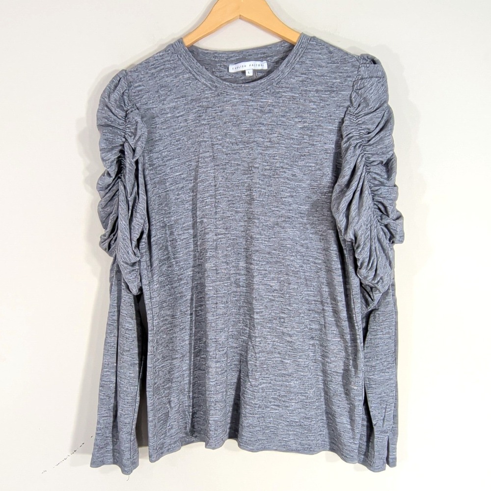 English Factory Gray Knit Top; Ruched Puff Long Sleeves, Heathered Crewneck
